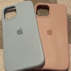 Apple I phone 12 silicone case bundle, baby blue and sand/nude.